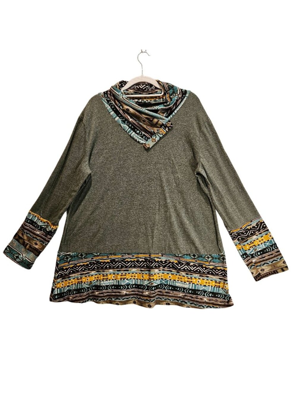 Miusey Tunic Womens 2x Gray cross over mock neck faux button detail colorful mat